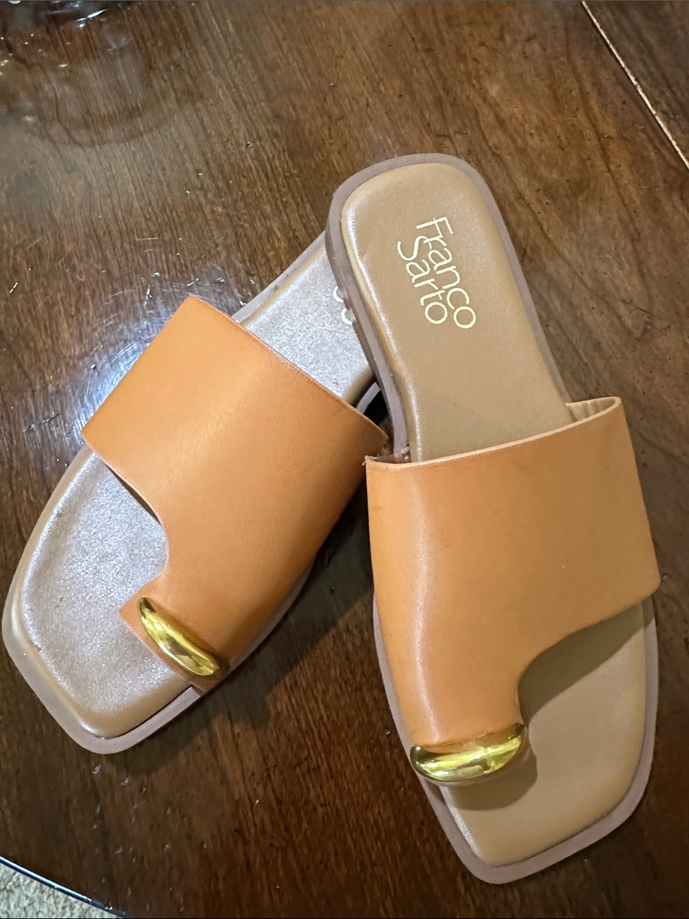 Franco Sarto Tan Leather Slide Mules with Gold Accent